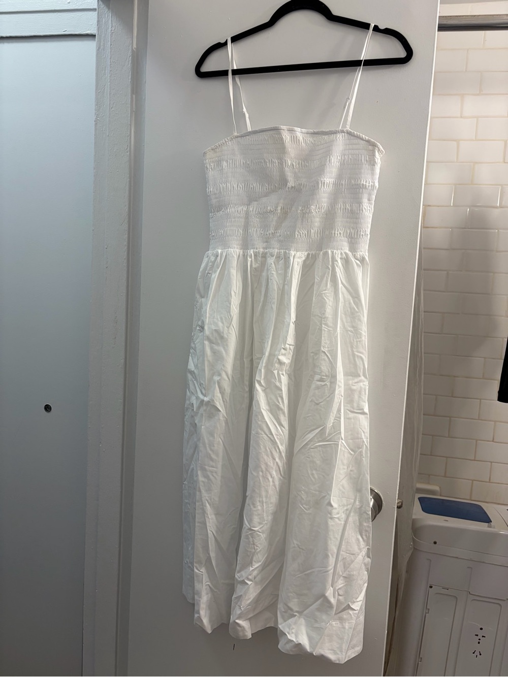 OAK + FORT White Smocked Midi Dress with Spaghetti Straps and POCKETS